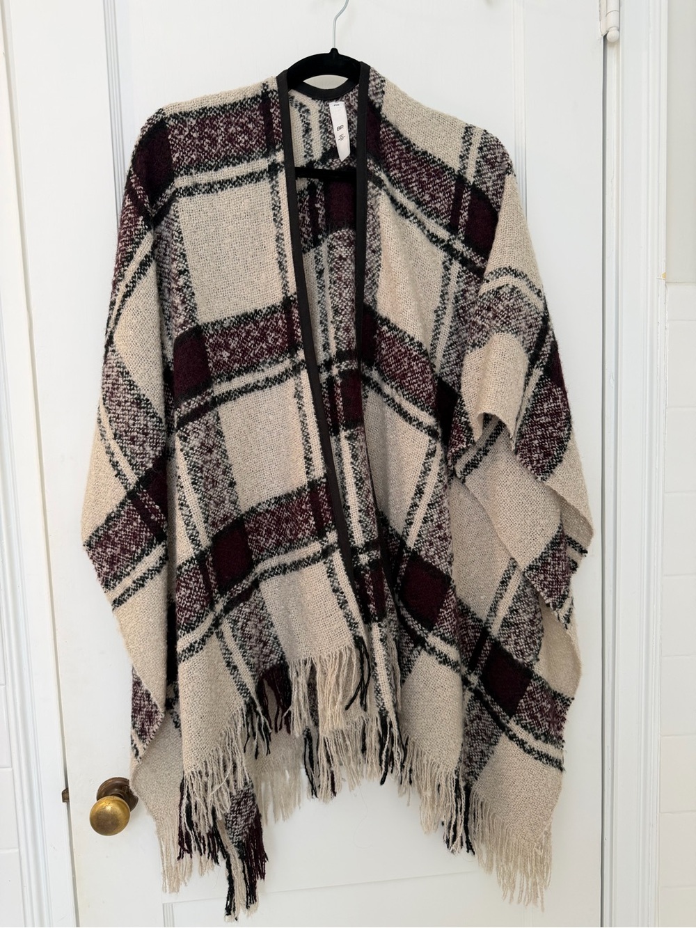bp Plaid Fringe Open-Front Poncho - Beige Black & Plum
